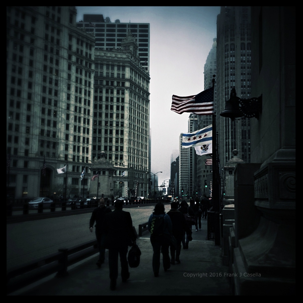city, chicago, flags, fog, people, square, silhouette, frankjcasella